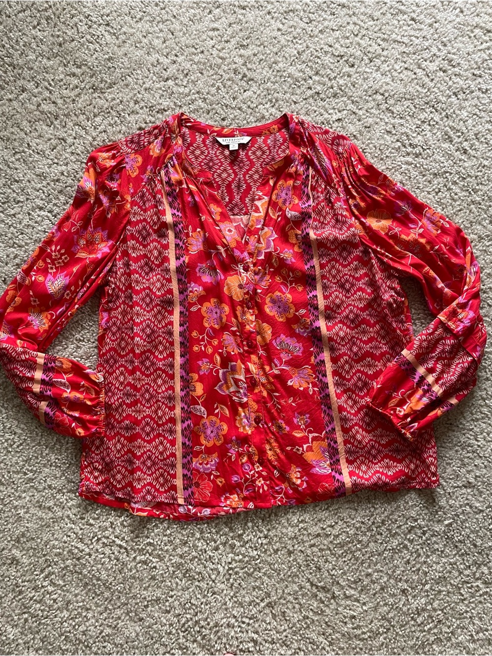 Liverpool Red Floral V-Neck Boho Blouse
